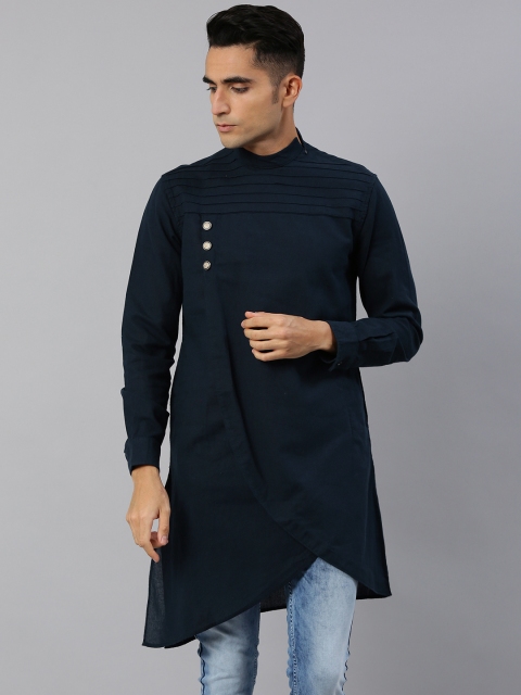 

Freehand Men Navy Blue Solid Straight Layered Asymmetric Kurta