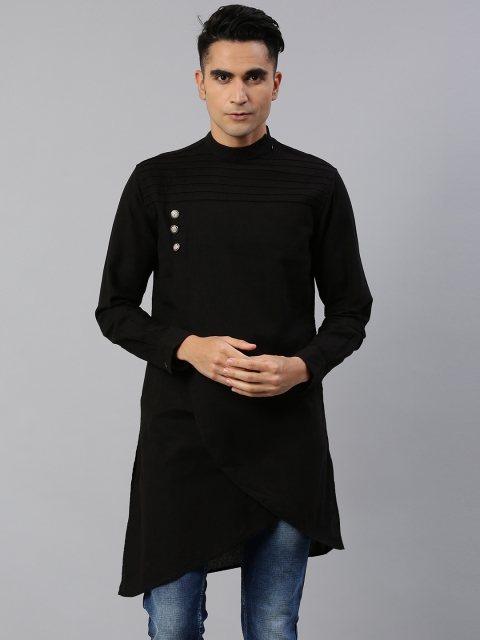 

Freehand Men Black Solid Straight Asymmetrical Hem Layered Kurta