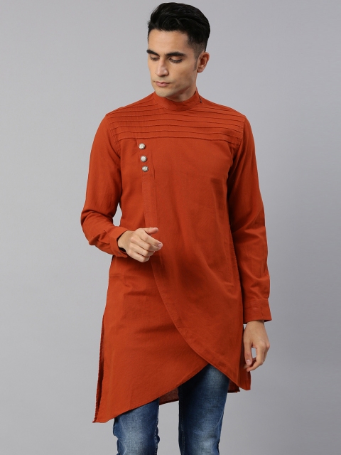 

Freehand Men Rust Red Solid Asymmetric Hemline Straight Layered Kurta