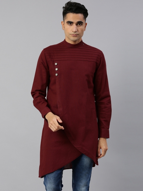 

Freehand Men Maroon Solid Asymmetric Hemline Straight Layered Kurta