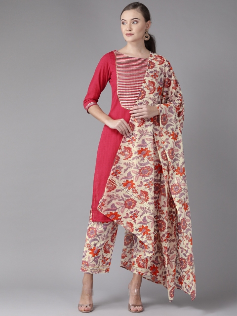 

anayna Women Pink & Off-White Self-Striped Dobby Weave Kurta with Palazzos & Dupatta