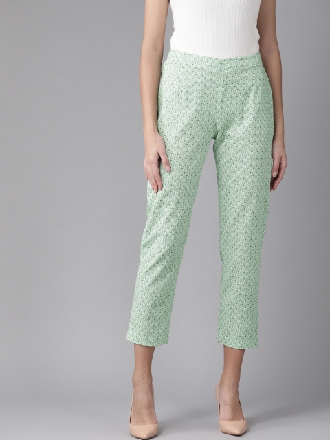 

anayna Women Sea Green & Off-White Regular Fit Printed Cropped Trousers