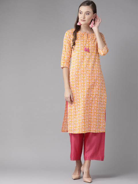 

anayna Women Yellow & White Printed Straight Kurta