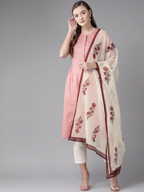 

anayna Beige & Maroon Kota Doriya Block Printed Dupatta