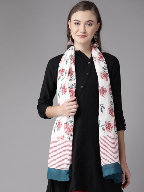 

anayna Women White & Red Handblock Printed Stole
