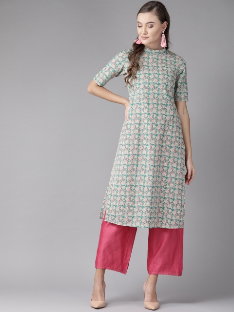 

anayna Women Green & Orange Screen Print Straight Kurta