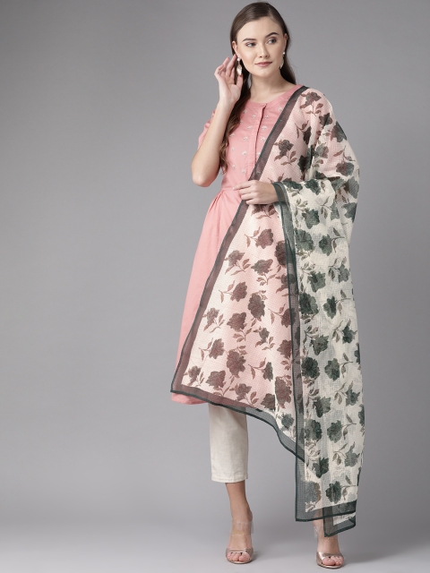 

anayna Beige & Green Kota Doriya Block Printed Dupatta