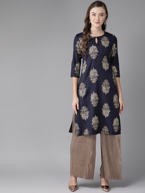 

anayna Women Navy Blue & Golden Printed Straight Kurta