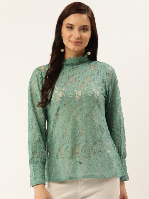 

plusS Women Sea Green Sheer lace Top
