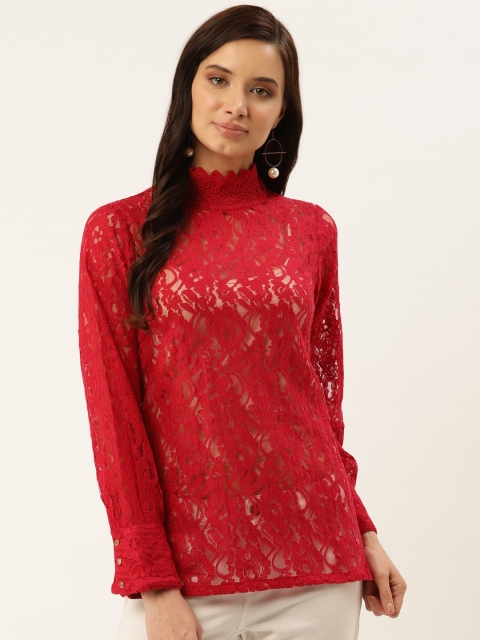 

plusS Women Red Sheer Lace Top