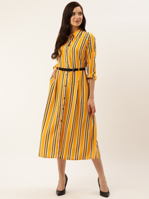 

plusS Women Mustard Yellow & Black Striped Shirt Dress