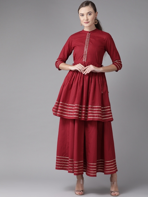 

anayna Women Maroon & Golden Self-Striped Anarkali Kurta with Skirt