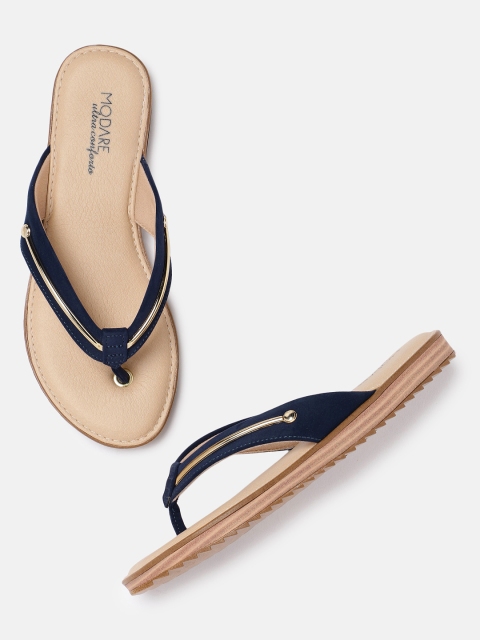 

MODARE Women Navy Blue & Gold-Toned Solid Open Toe Flats