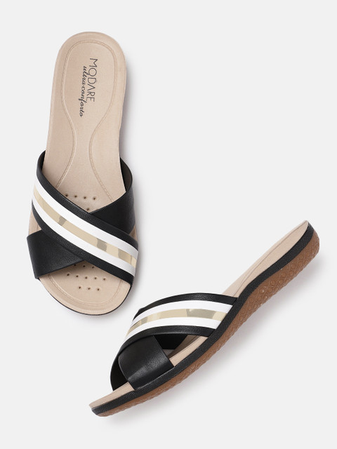 

MODARE Women Black & White Striped Open Toe Flats