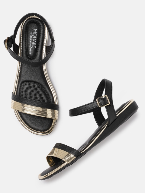 

MODARE Women Black & Gold-Toned Colourblocked Open Toe Flats