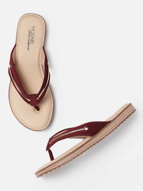

MODARE Women Maroon & Gold-Toned Solid Open Toe Flats