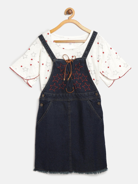 

Natilene Girls Navy Blue & White Embroidered Denim Pinafore Dress with Top