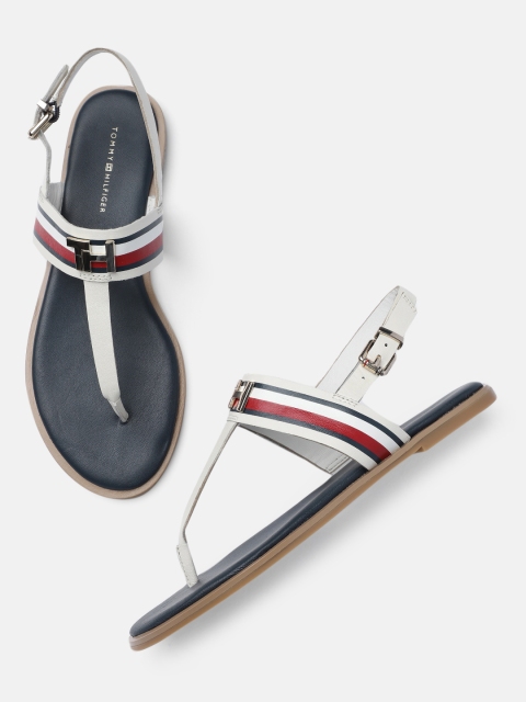 

Tommy Hilfiger Women Off-White Striped Leather T-Strap Flats