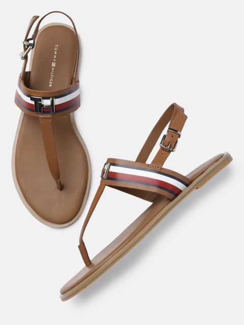 

Tommy Hilfiger Women Brown Striped Leather T-Strap Flats