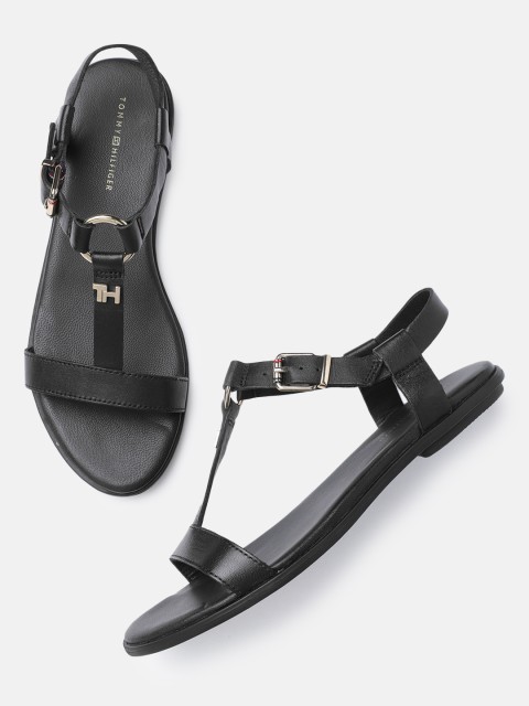 

Tommy Hilfiger Women Black Solid Leather Open Toe Flats