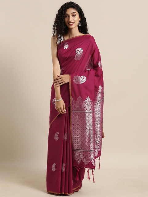 

Satrani Magenta Pink & Silver-Coloured Poly Silk Woven Design Kanjeevaram Saree