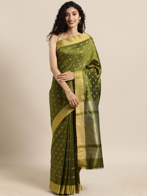 

Satrani Olive Green & Gold-Toned Silk Blend Woven Design Kanjeevaram Saree