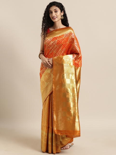 

Satrani Orange & Gold-Toned Poly Silk Woven Design Banarasi Saree
