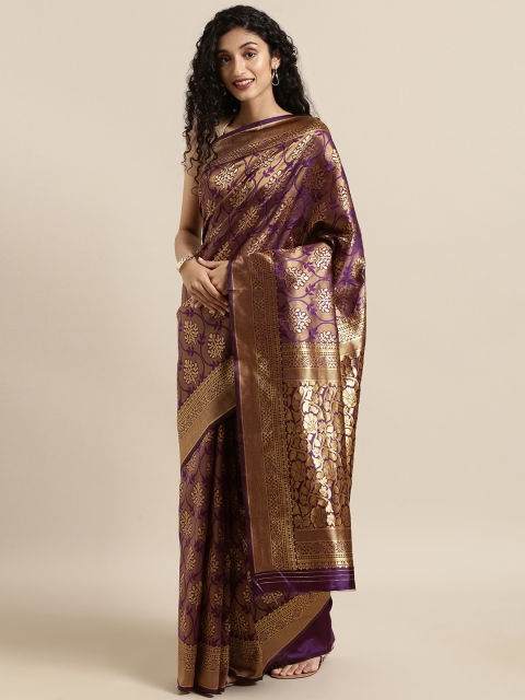 

Satrani Purple & Gold-Toned Poly Silk Woven Design Jacquard Banarasi Saree