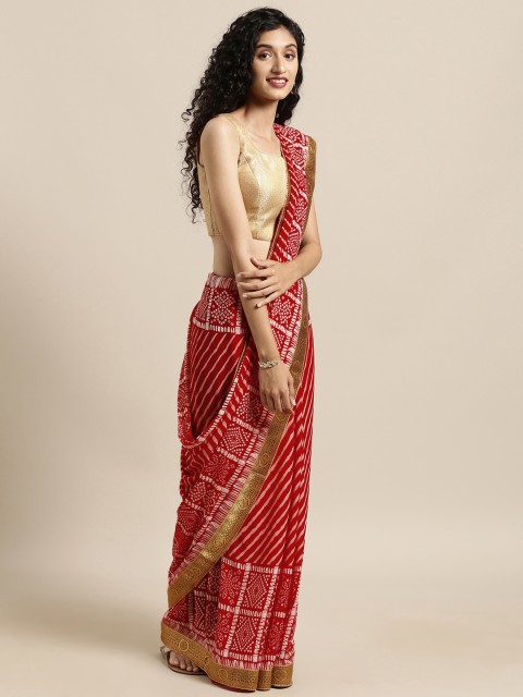 

Satrani Red & Off-White Pure Georgette Leheriya Printed Saree