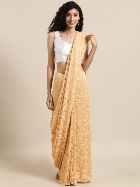 

Satrani Peach-Coloured Woven Design Net Saree With Embellished Detailing