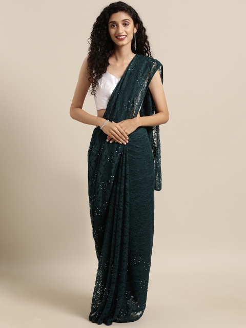 

Satrani Teal Blue Woven Design Net Saree With Embellished Detailing