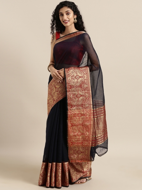 

Satrani Navy Blue & Red Silk Blend Checked Kota Saree
