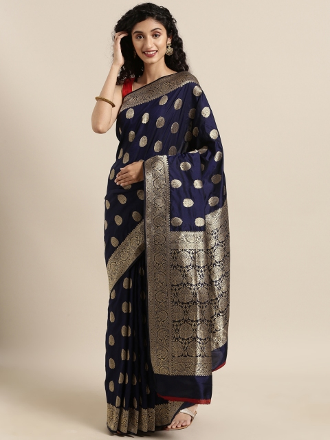 

Satrani Navy Blue & Gold-Toned Poly Silk Woven Design Jacquard Kanjeevaram Saree