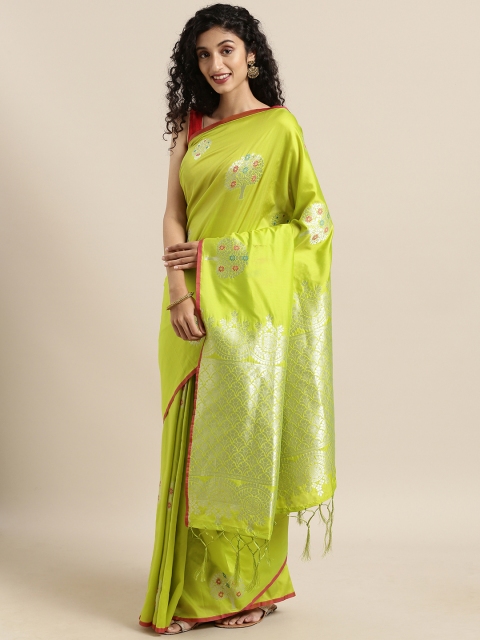 

Satrani Green & Silver-Coloured Poly Silk Woven Design Kanjeevaram Saree