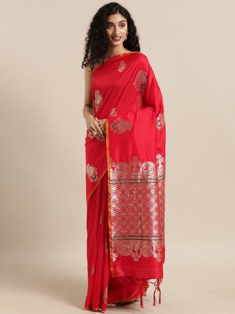 

Satrani Red & Silver-Toned Poly Silk Woven Design Kanjeevaram Saree
