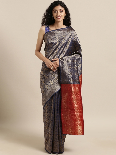 

Satrani Navy Blue & Red Poly Silk Woven Design Banarasi Saree