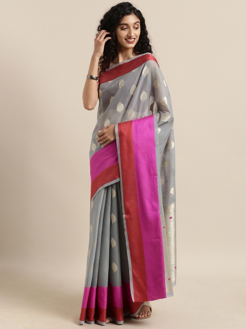 

Satrani Grey & Gold-Toned Polycotton Woven Design Banarasi Saree