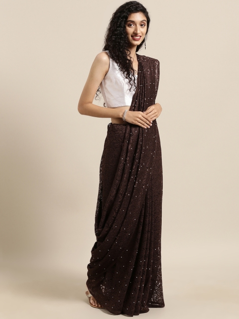 

Satrani Brown Woven Design Net Saree With Embellished Detailing
