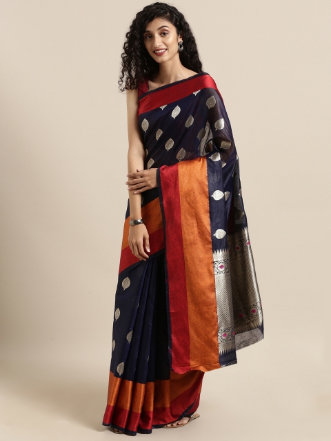 

Satrani Navy Blue & Gold-Toned Polycotton Woven Design Banarasi Saree