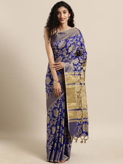 

Satrani Blue & Gold-Toned Silk Blend Woven Design Banarasi Saree