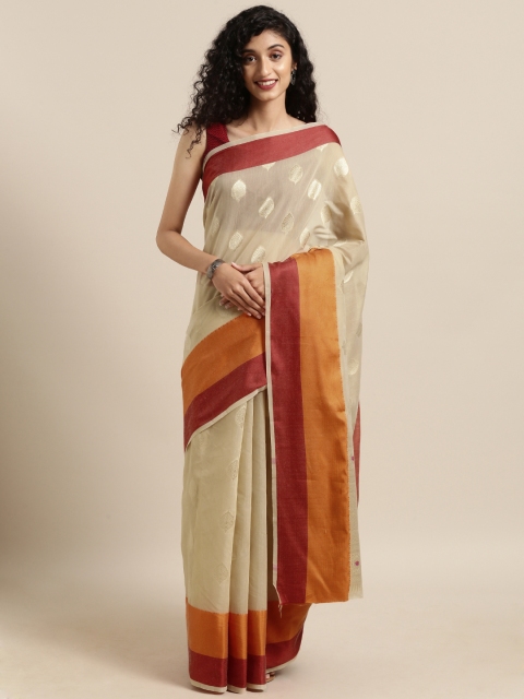 

Satrani Beige & Gold-Toned Polycotton Woven Design Banarasi Saree