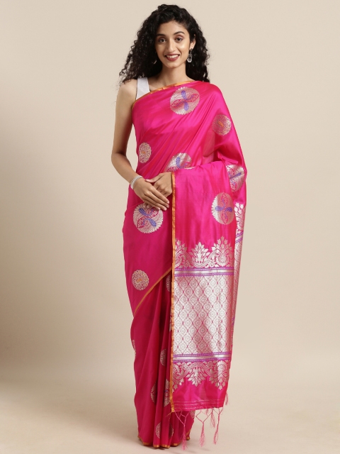 

Satrani Pink & Silver-Toned Poly Silk Woven Design Kanjeevaram Saree