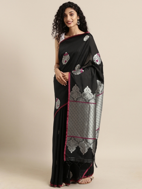 

Satrani Black & Silver-Toned Poly Silk Woven Design Kanjeevaram Saree