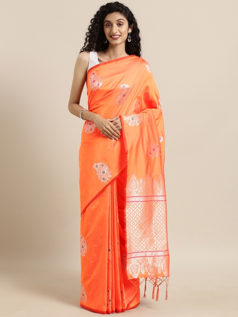 Satrani Orange & Silver-Toned Poly Silk Woven Design Kanjeevaram Saree