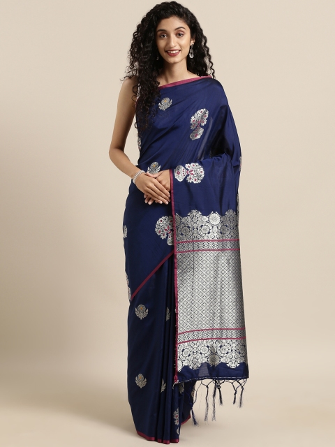 

Satrani Navy Blue & Silver-Toned Poly Silk Woven Design Kanjeevaram Saree