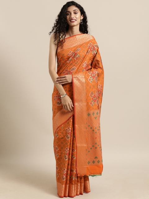 

Satrani Orange & Green Poly Silk Woven Design Banarasi Saree
