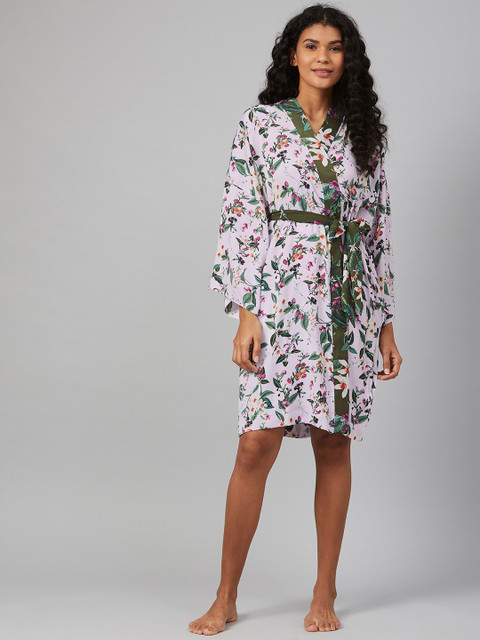 

Marks & Spencer Lavender & Olive Green Tropical Printed Wrap Nightdress with Belt