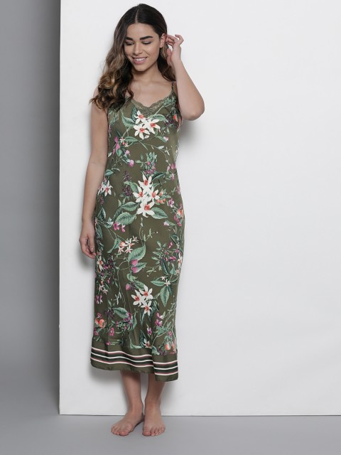

Marks & Spencer Olive Green & White Printed Nightdress With Satin Finish