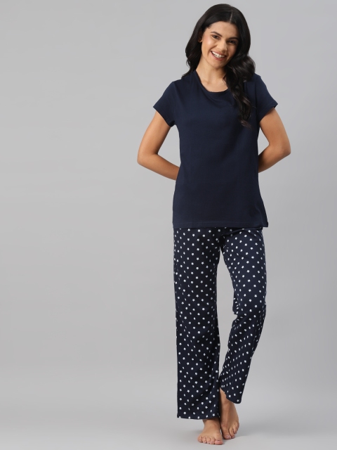 

Marks & Spencer Women Navy Blue & White Solid Pure Cotton Night Suit