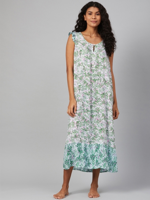 

Marks & Spencer White & Green Pleated Floral Printed Maxi Nightdress